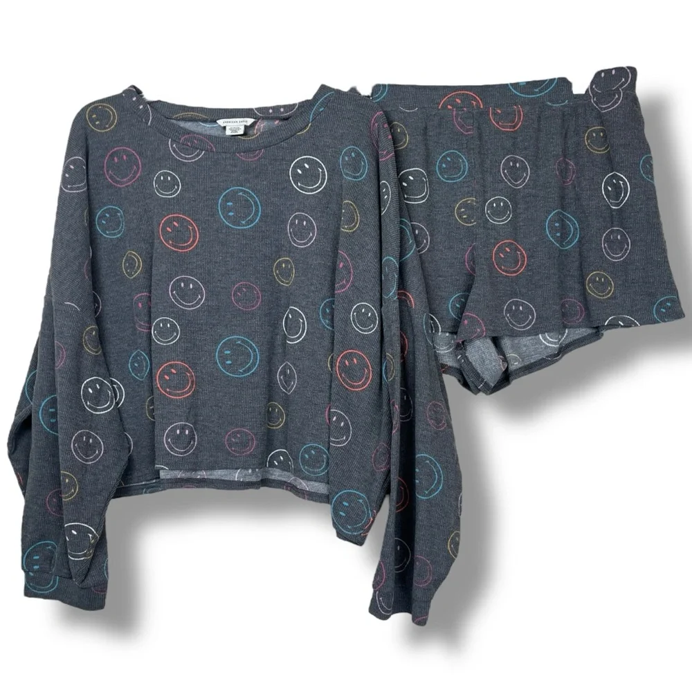 American Eagle Relaxed Waffle Knit Smiley Black Charcoal Pajama PJ Set size XL - Picture 2 of 7
